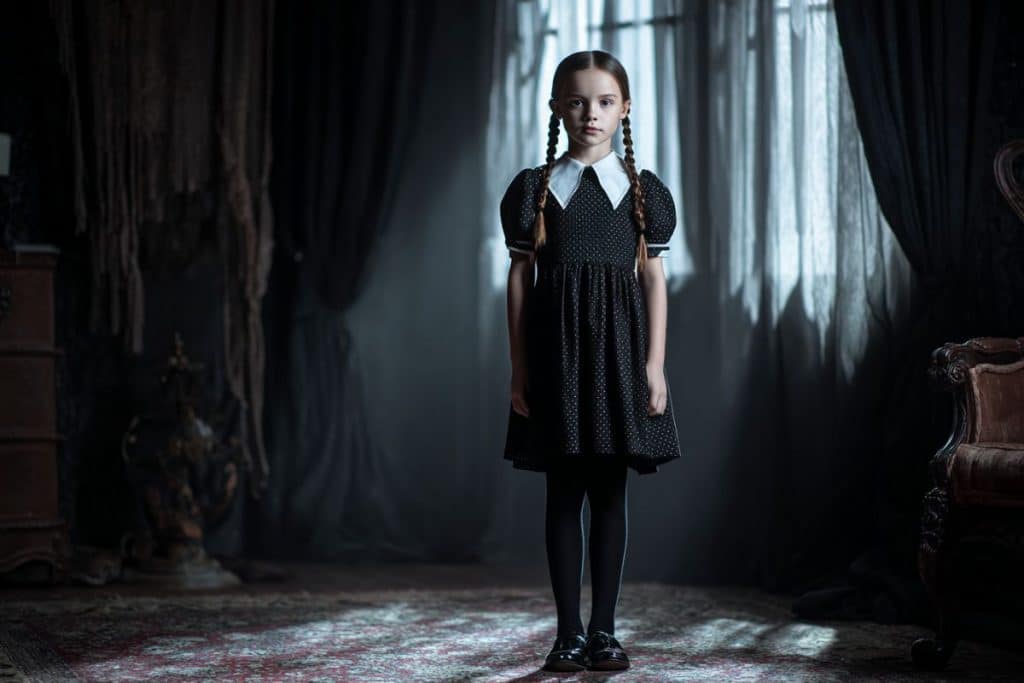 Enfant déguisée en Mercredi Addams avec robe noire col blanc et tresses dans une ambiance gothique chic