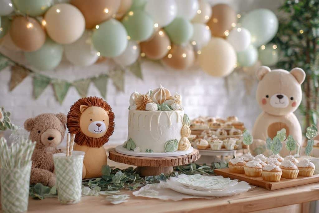décoration thème animaux pastel pour anniversaire bébé 1 an lion girafe ours table buffet vert marron