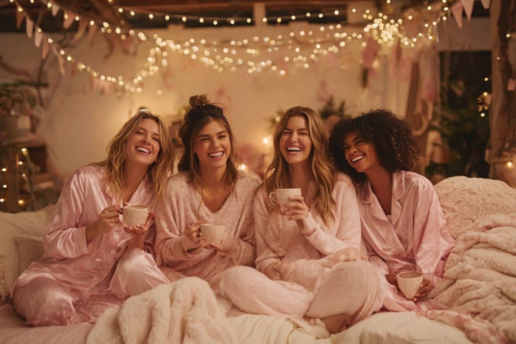 Soirée EVJF cocooning entre amies avec pyjamas satinés et chocolat chaud