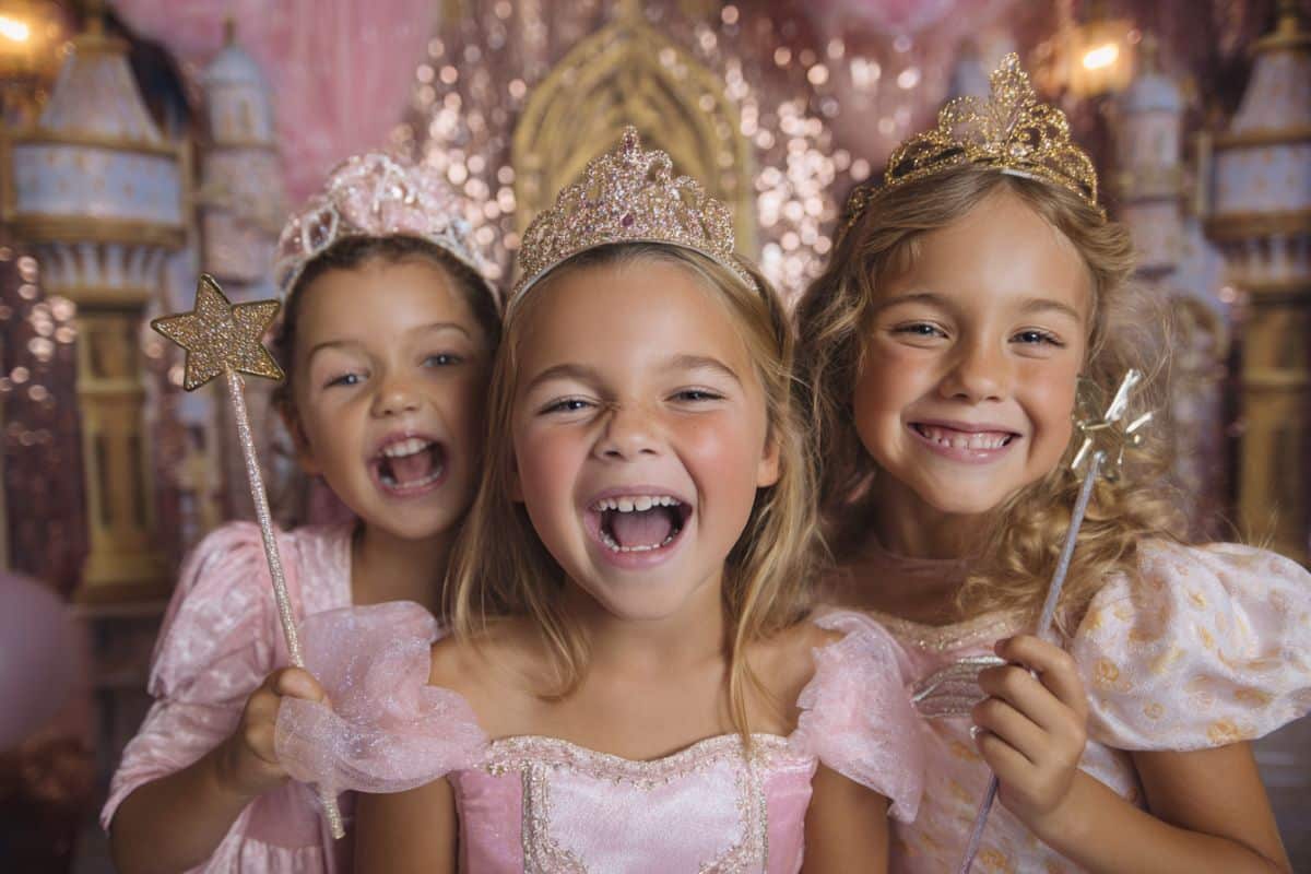 Enfants en tenue de princesse souriant déguisés, ballons roses et dorés et décor féerique