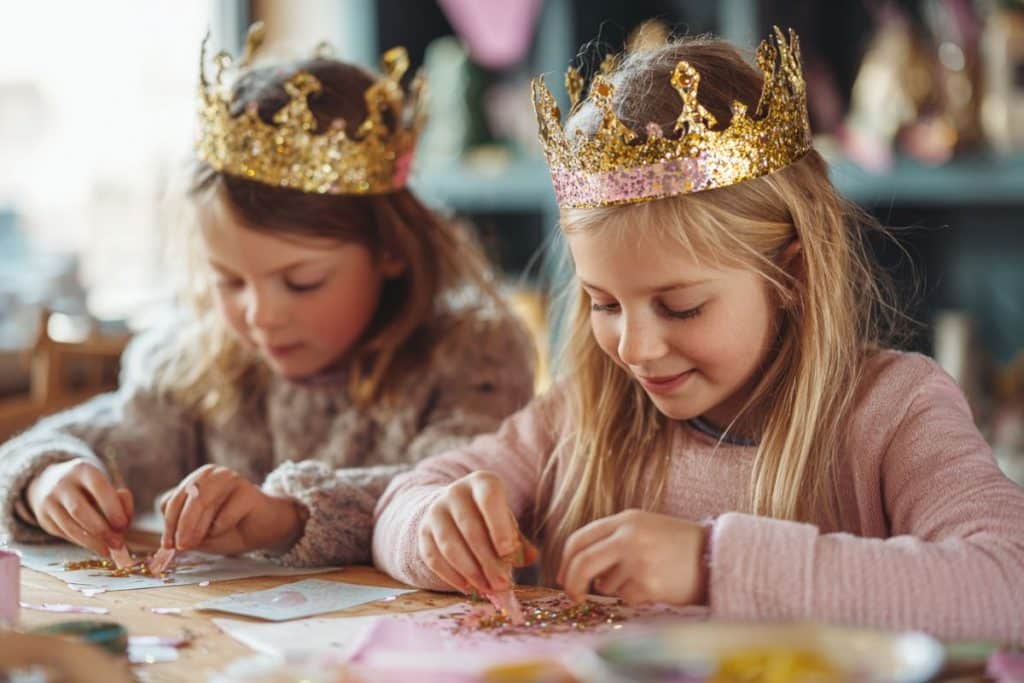 Enfants créant des couronnes dorées pendant un atelier DIY d’anniversaire princesse