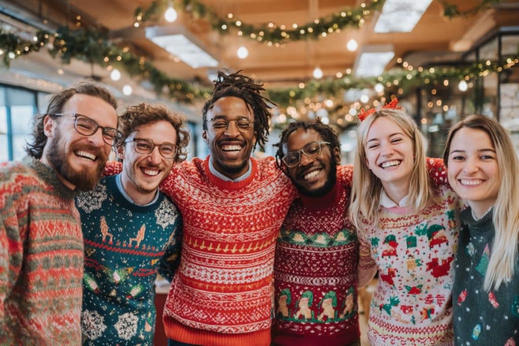Concours de pulls moches entre collègues pendant la fête de Noël en entreprise