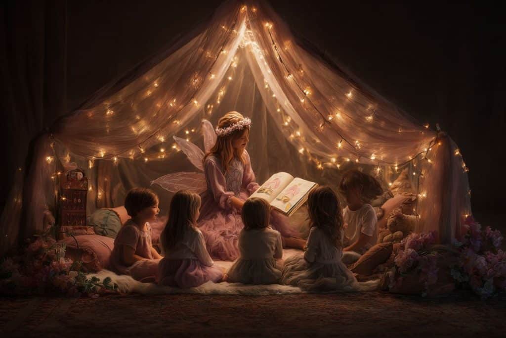 Conteur en fée lisant une histoire magique à des enfants pendant un anniversaire princesse