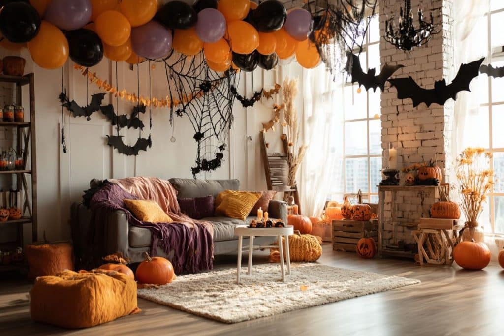Décoration de maison pour Halloween avec ballons orange et noirs et ambiance festive
