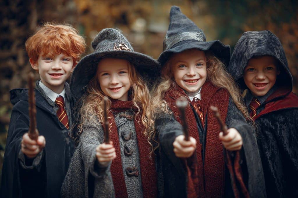 Groupe d’enfants déguisés en sorciers harry potter déguisement costume griffondor