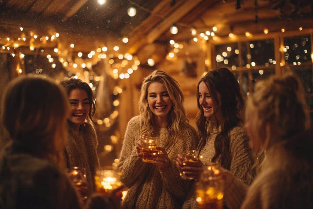 Enterrement de vie de jeune fille en hiver dans un chalet cocooning décoré de bougies et lumières féeriques