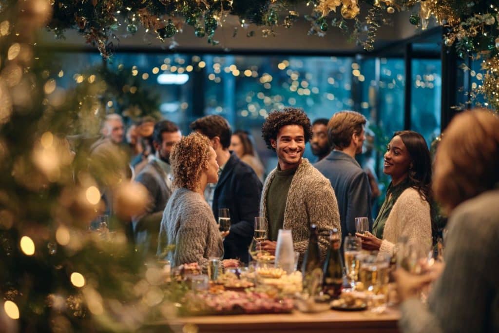 Équipe d’entreprise célébrant Noël dans une ambiance conviviale avec décorations festives et buffet