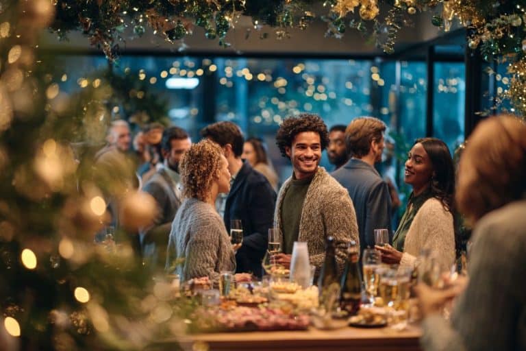 Équipe d’entreprise célébrant Noël dans une ambiance conviviale avec décorations festives et buffet