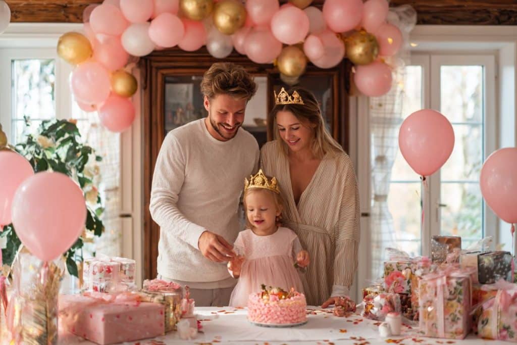 Parents préparant un anniversaire princesse avec liste de budget et décorations autour