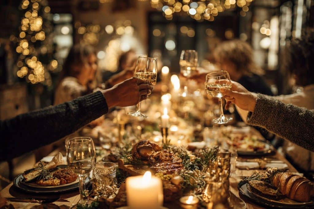 Repas de Noël en entreprise avec collègues réunis autour d’une table festive