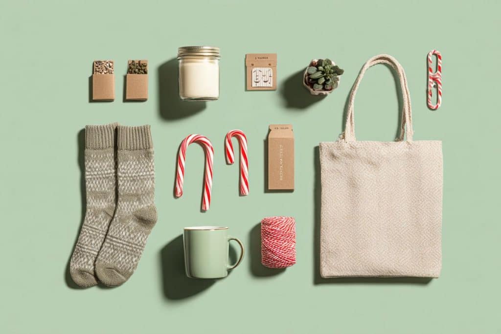 Flat lay d’idées cadeaux petits budgets pour Secret Santa. chaussettes tote bag tasse candycane bougie pas chere 5 euros