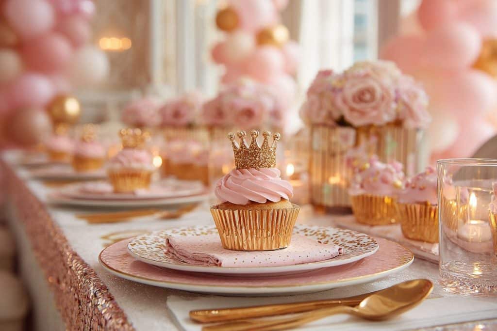 Table d’anniversaire princesse décorée en rose et or avec vaisselle et cupcakes couronnés