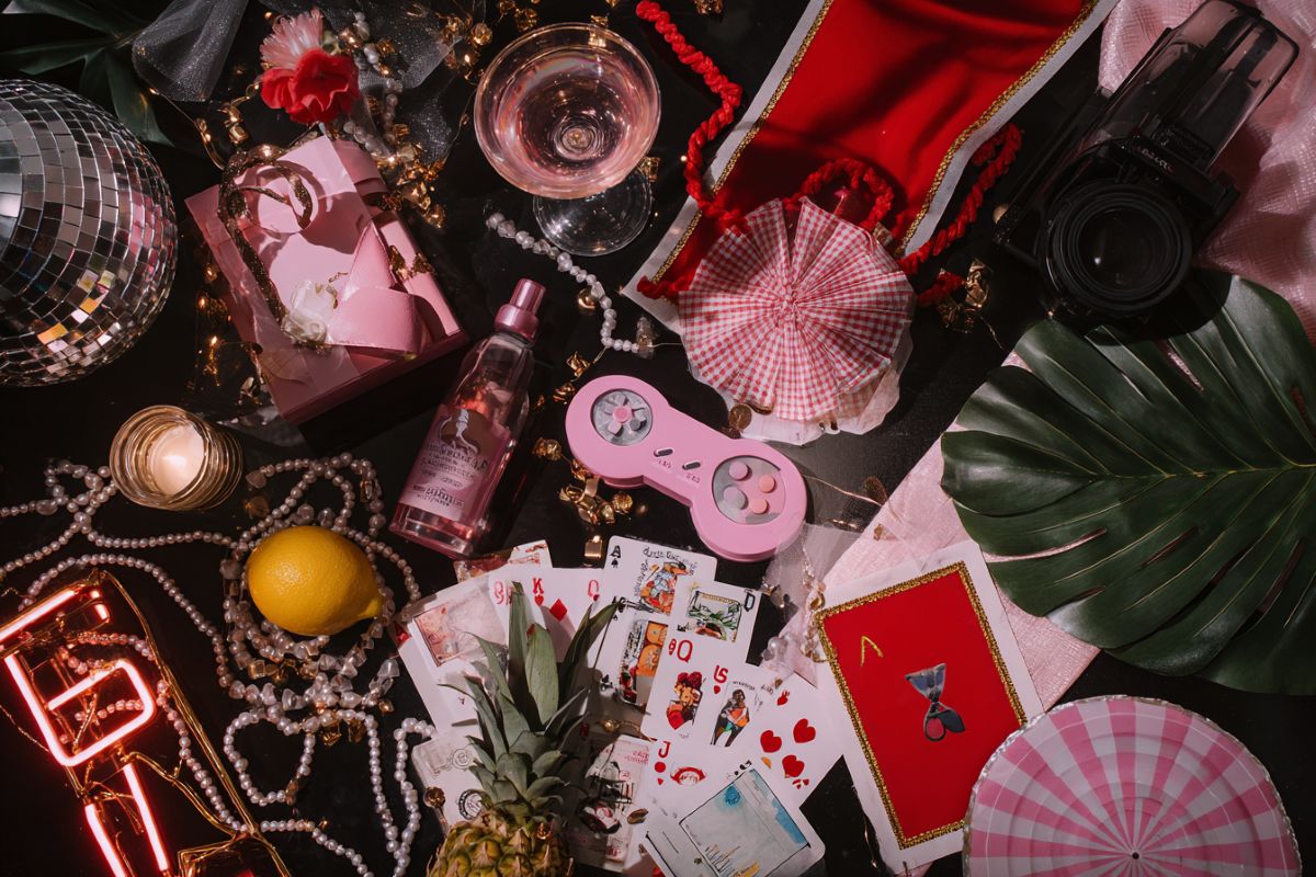 Moodboard élégant des 10 meilleurs thèmes d’anniversaire adulte 2025, accessoires et ambiances sur fond sombre