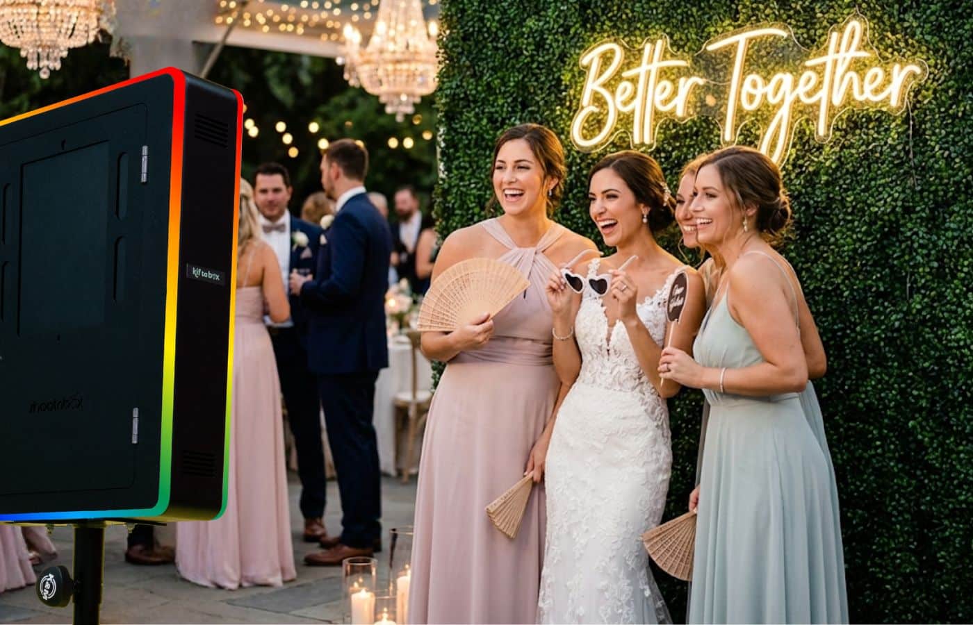 Groupe d'invités devant une animation photo lors d'un mariage