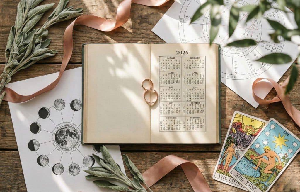 Calendrier 2026, alliances et phases de la lune posés sur une table, symbolisant le choix de la date de mariage selon le calendrier lunaire et astrologique