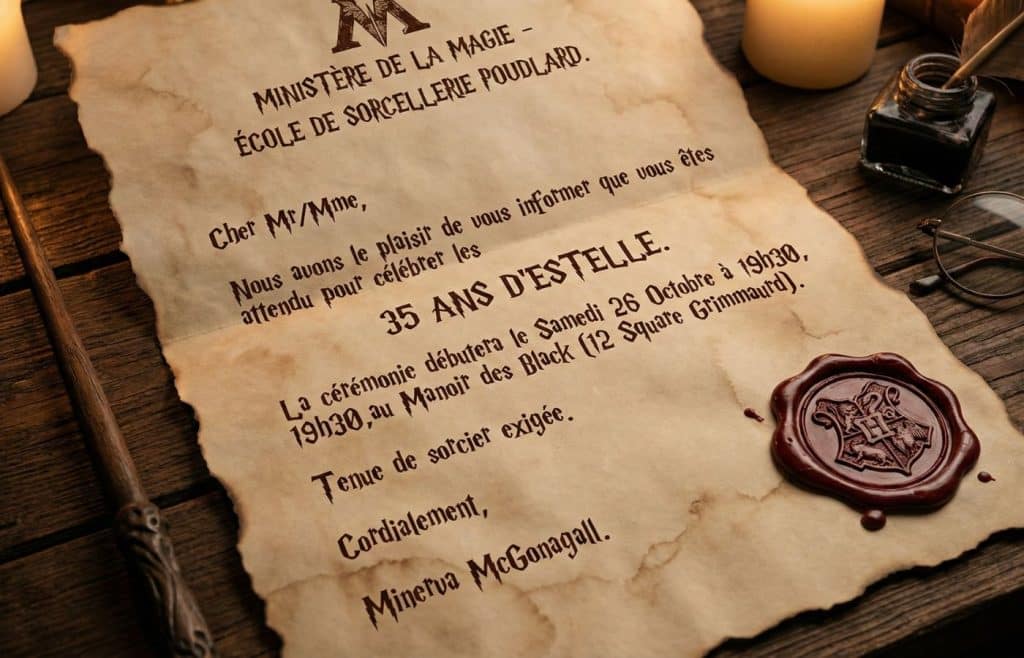invitation 35 ans Estelle thème harry potter parchemin sceau wizard carte