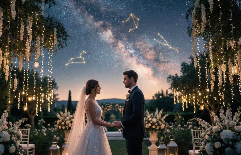 Mariage romantique sous un ciel étoilé avec constellations visibles, illustrant le meilleur moment pour se marier selon son signe astrologique