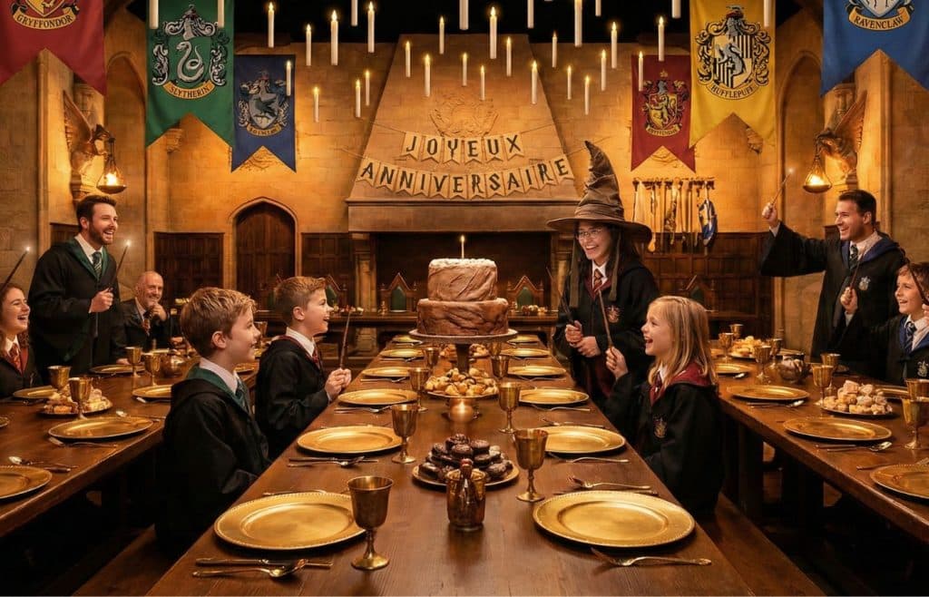 Vue d'ensemble d'une décoration de table féerique pour un anniversaire Harry Potter : gâteau d'anniversaire, bougies flottantes et accessoires de sorcier dans une ambiance tamisée