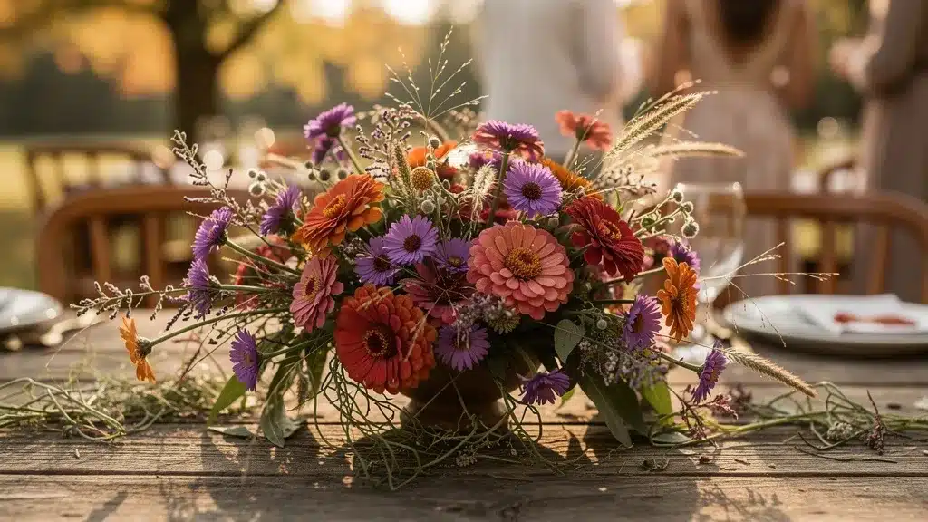 bouquet composition mariage aster et le zinnia : l'esprit champêtre et fleurs sauvage sur table en bois brut