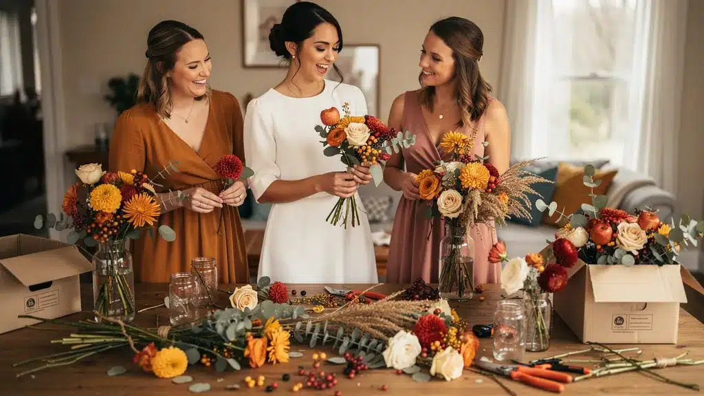 création florale avec femmes expertes bouquet orange jaune rouge