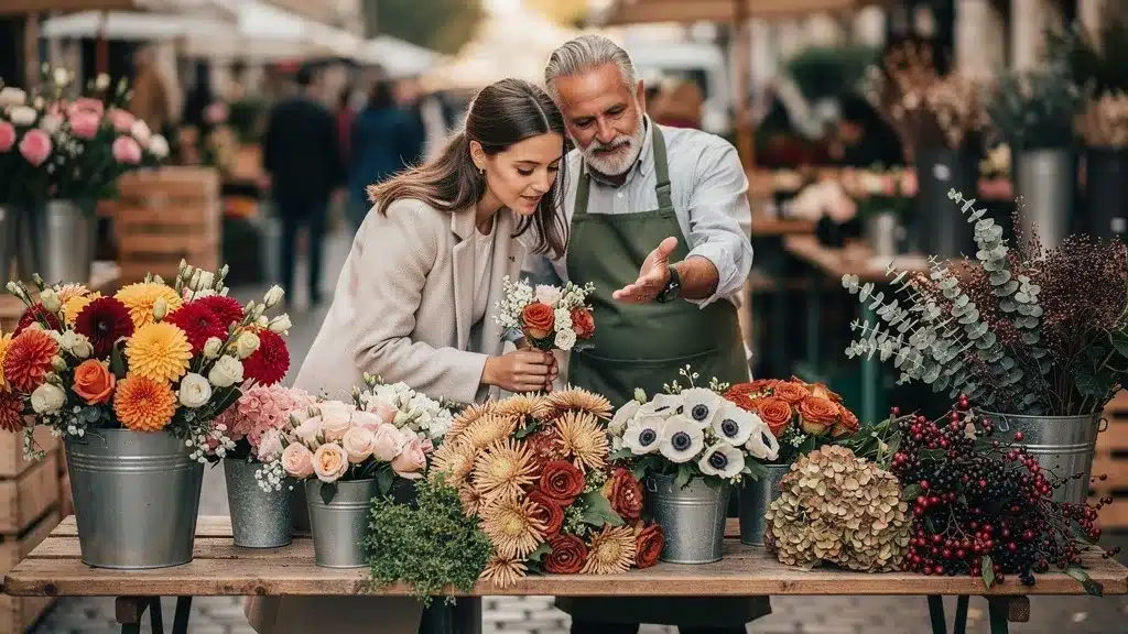fleuriste donne des conseils à cliente calendrier floral : disponibilité des fleurs de septembre à novembre fleur d'automne
