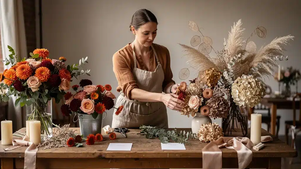 Vue detaillee : fleurs fraîches vs fleurs séchées : comparatif pour votre décoration de mariage fleuriste femme
