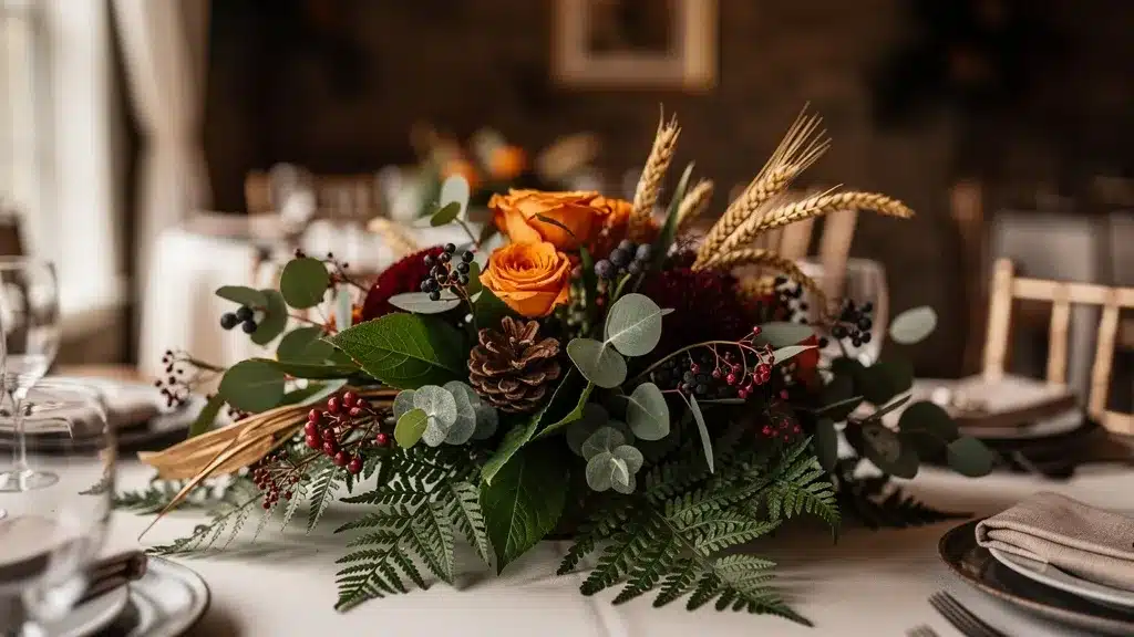 Comment intégrer feuillages et éléments naturels aux compositions fleurs centre table mariage repas diner