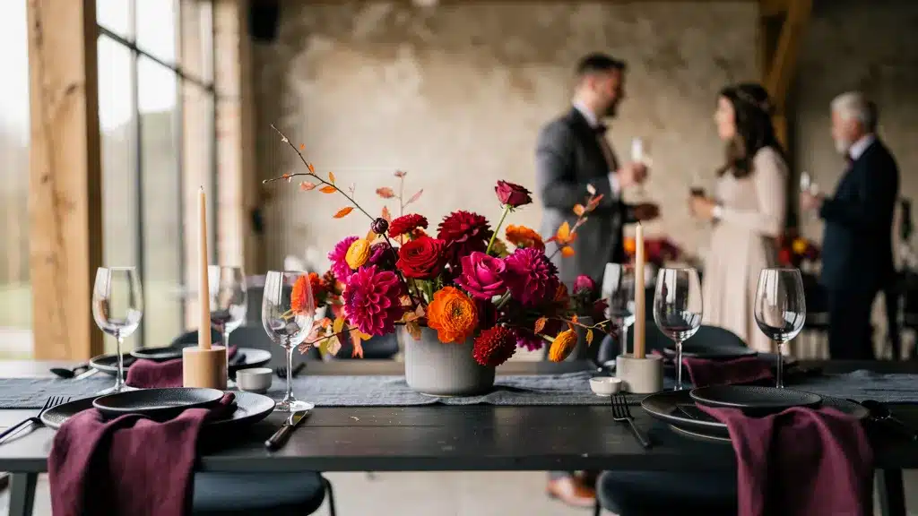 couleurs de fleurs rouge rose bordeaux orange thème automnal moderne sur table