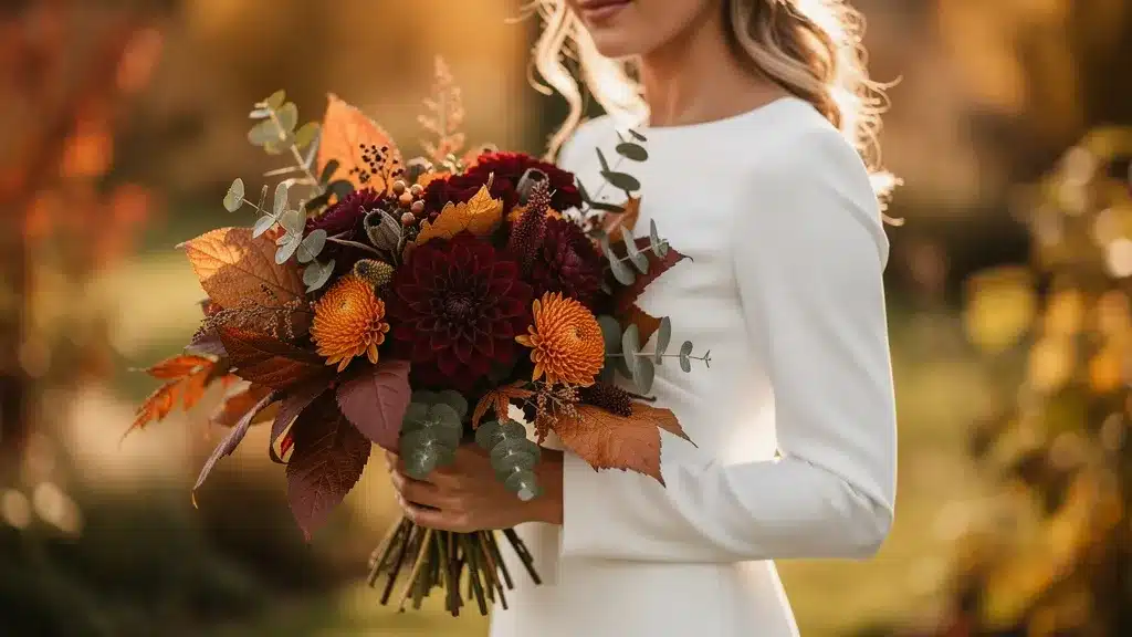 meilleures fleurs pour un mariage en automne 2026 bouquet mariée rouge bordeaux orange bokeh