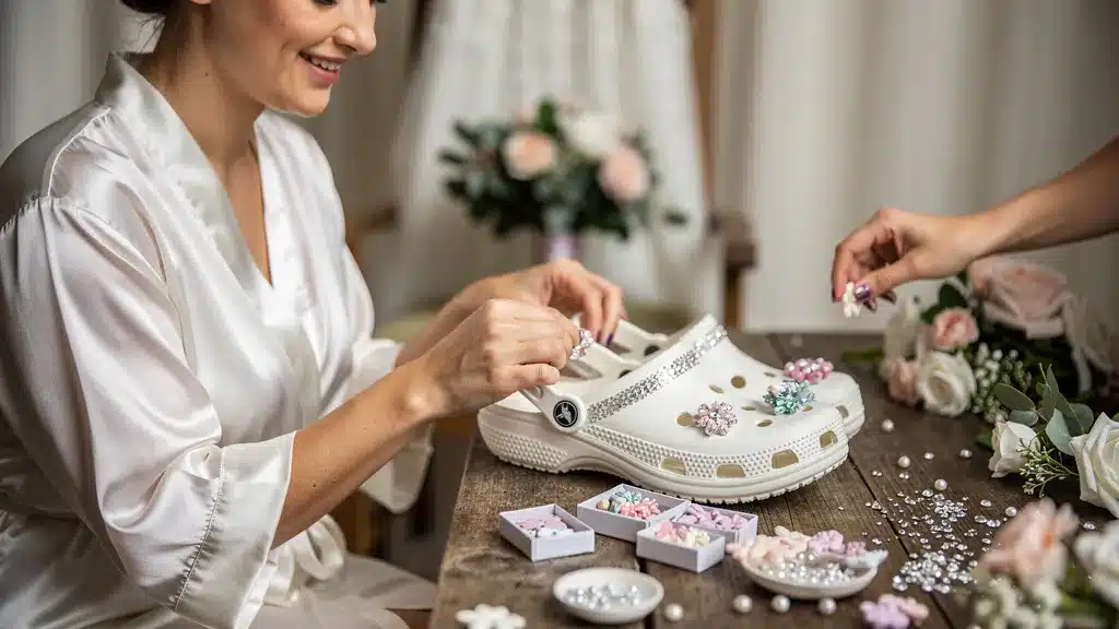 Idées de personnalisation : Jibbitz, strass et fleurs - Mariage en crocs Personne, professionnel illustrant idées de personnalisation : jibbitz, strass et fleurs