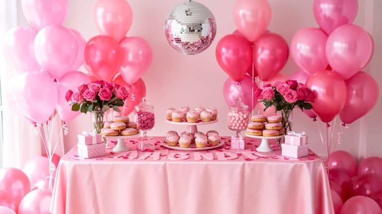 Pink party : décoration tout en rose avec ballons, table de desserts et boule disco