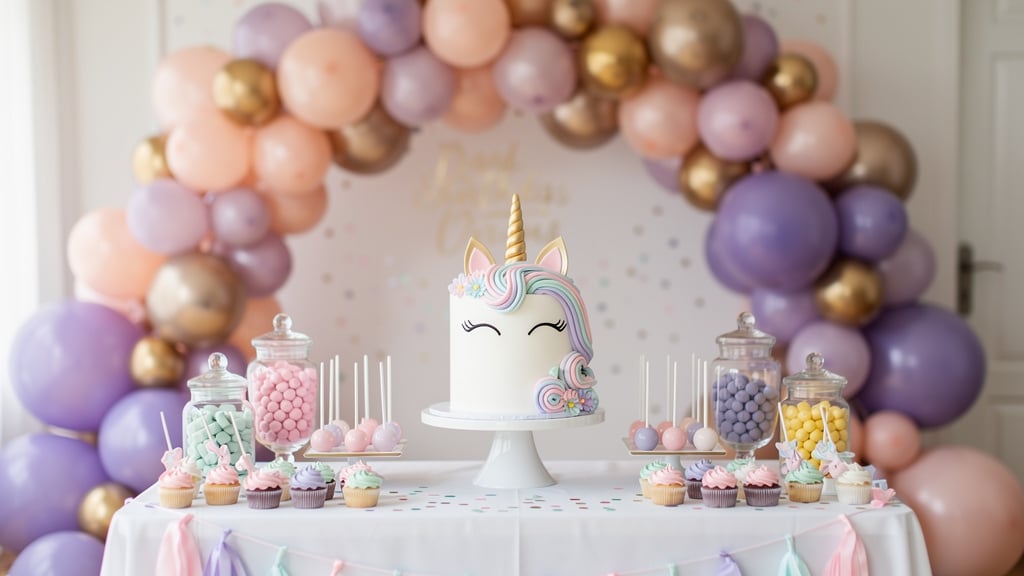Anniversaire licorne : décoration pastel arc-en-ciel avec arche de ballons et gâteau