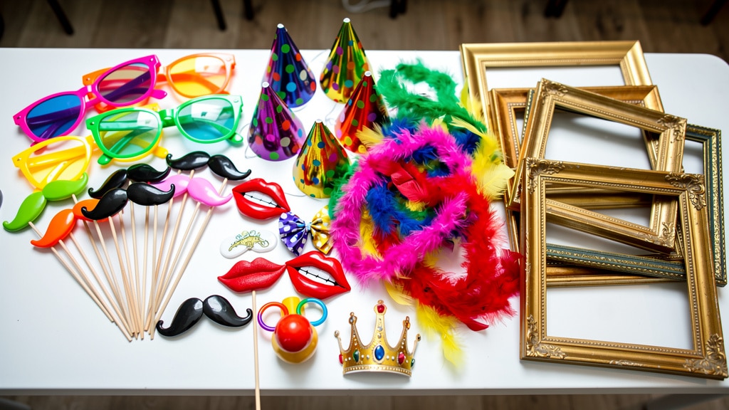 accessoires et props photobooth colorés disposés sur une table