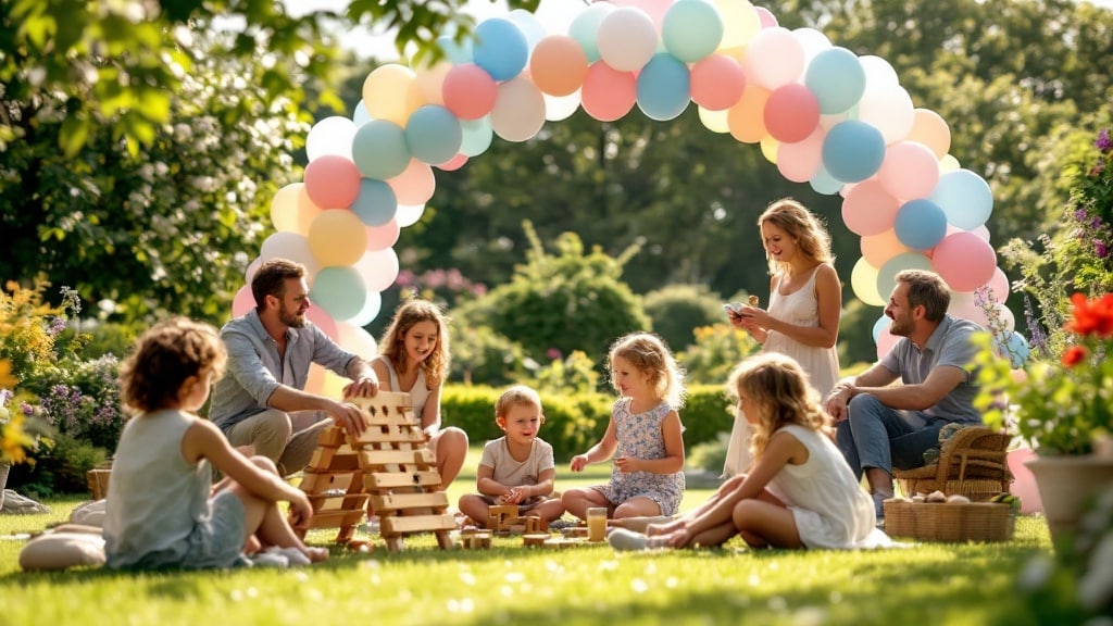 Animation baptême : enfants jouant aux jeux en bois dans le jardin pendant la fête