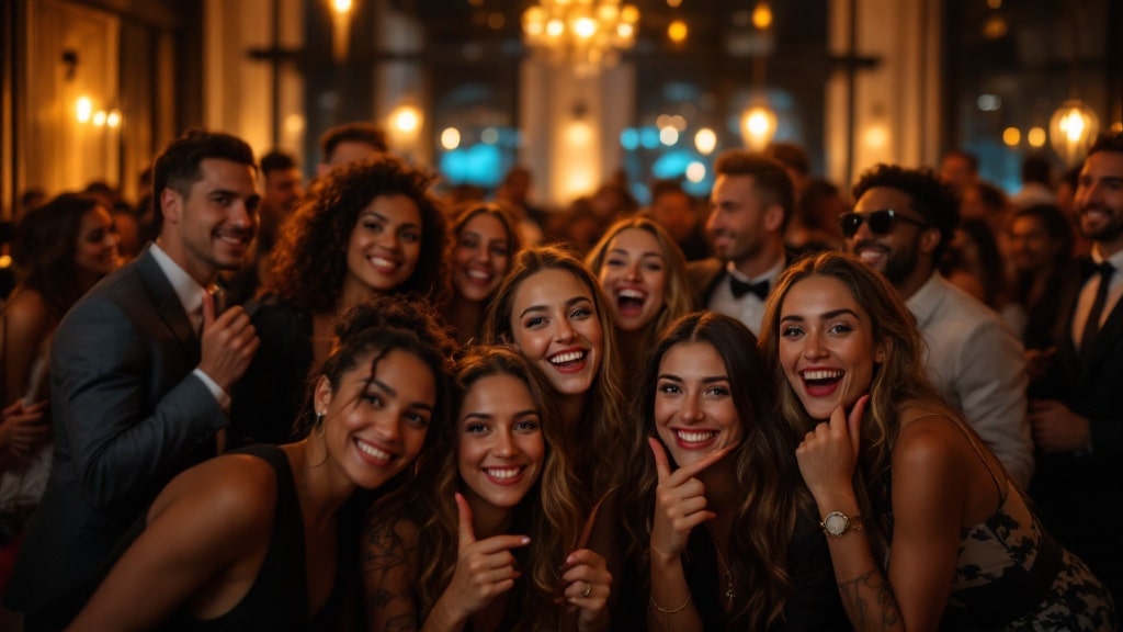 Animation de soiree d'entreprise : collegues fetant avec un photobooth et accessoires