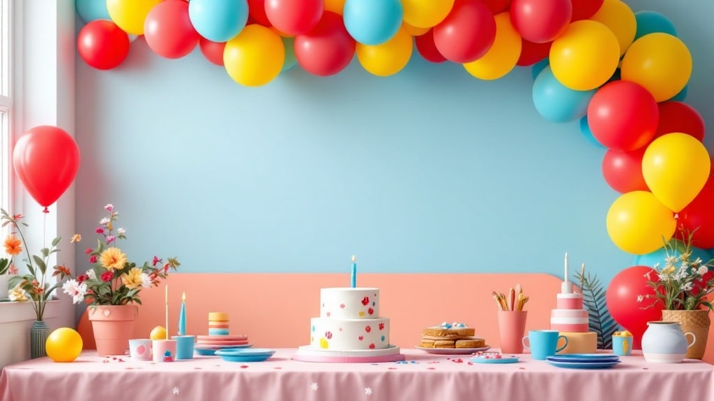 Decoration d'anniversaire Pat Patrouille : arche de ballons et table de fete avec gateau