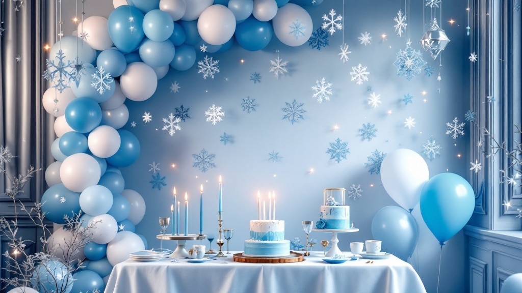 Decoration d'anniversaire Reine des Neiges : arche de ballons bleus, flocons et table givree