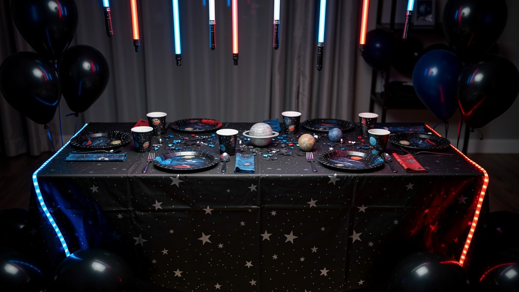 Anniversaire Star Wars : table de fête sur le thème galactique avec étoiles et guirlandes lumineuses