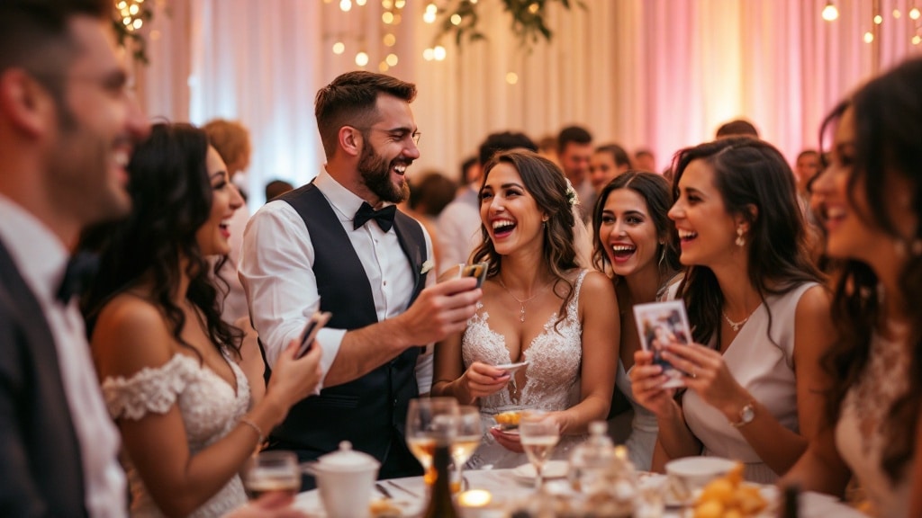 Invités réalisant un défi photo de mariage avec des tirages devant un photobooth