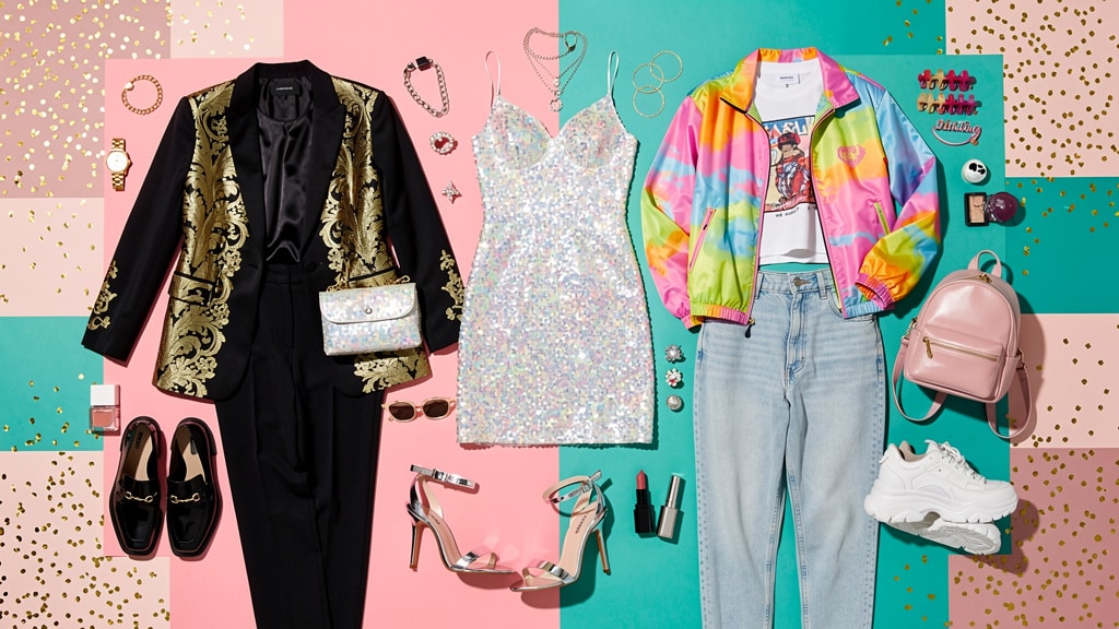 Dress code anniversaire : flat lay de tenues de fête par thème