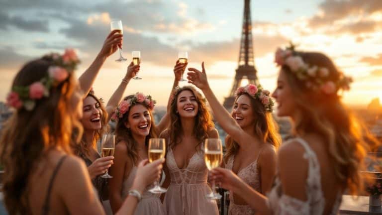 EVJF à Paris : groupe de copines trinquant sur un rooftop avec la tour Eiffel en arrière-plan