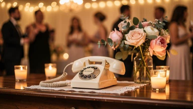 Livre d'or audio : combine telephone vintage sur une table de reception de mariage