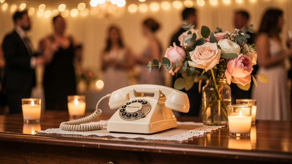 Livre d'or audio : combine telephone vintage sur une table de reception de mariage