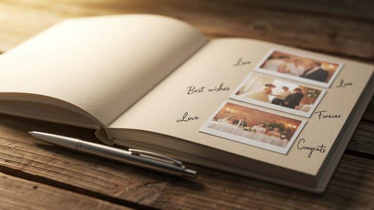 Livre d'or photo ouvert avec photos imprimées collées et messages d'invités