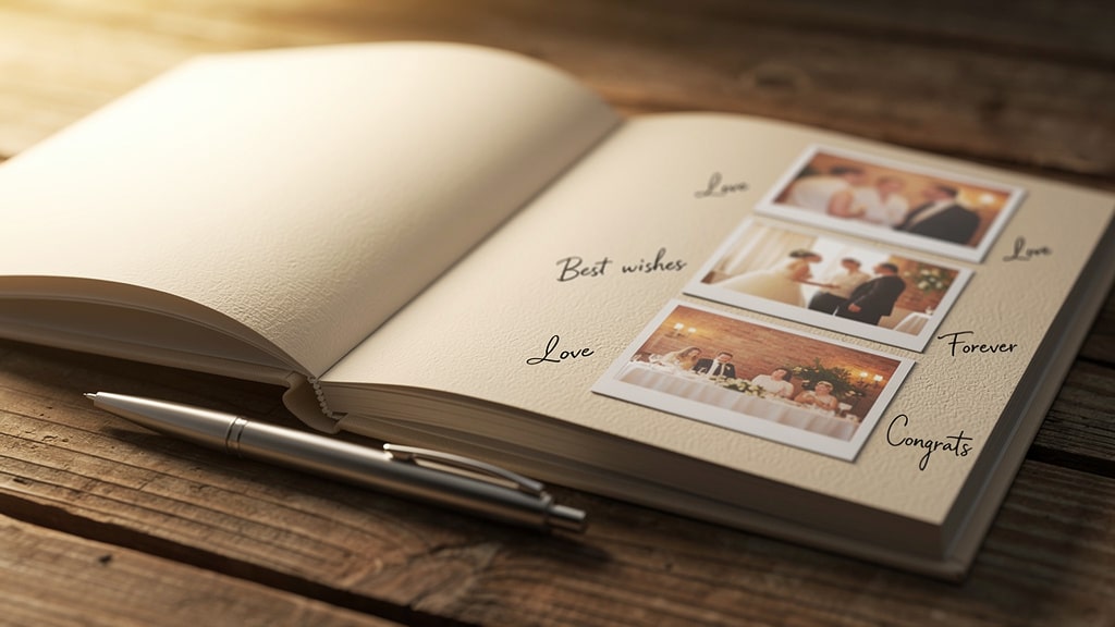 Livre d'or photo ouvert avec photos imprimées collées et messages d'invités