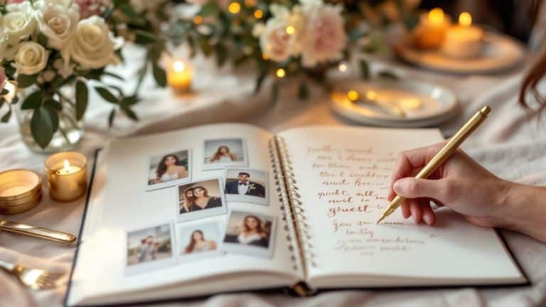 Livre d'or mariage photo : tirages collés et messages manuscrits sur la table de réception