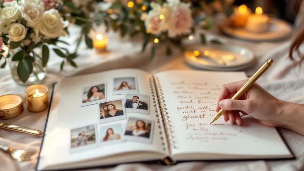 Livre d'or mariage photo : tirages collés et messages manuscrits sur la table de réception