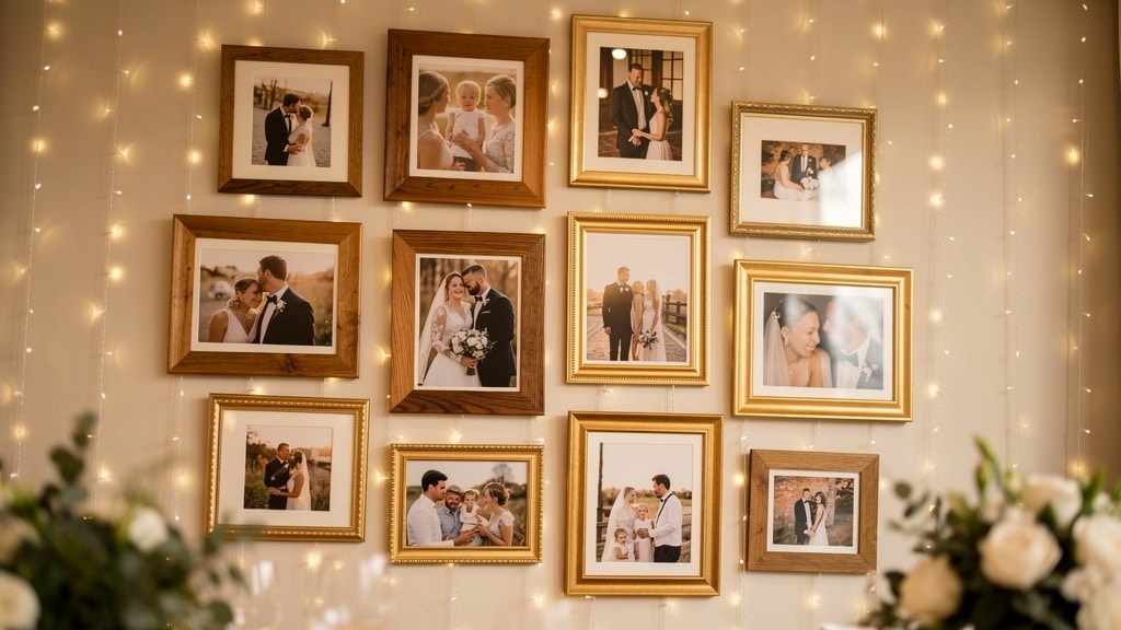 Mur de photos de mariage : cadres et tirages disposés sur un mur avec guirlande lumineuse