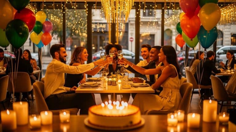 Anniversaire festif dans un restaurant tendance à Paris avec ballons et lumières