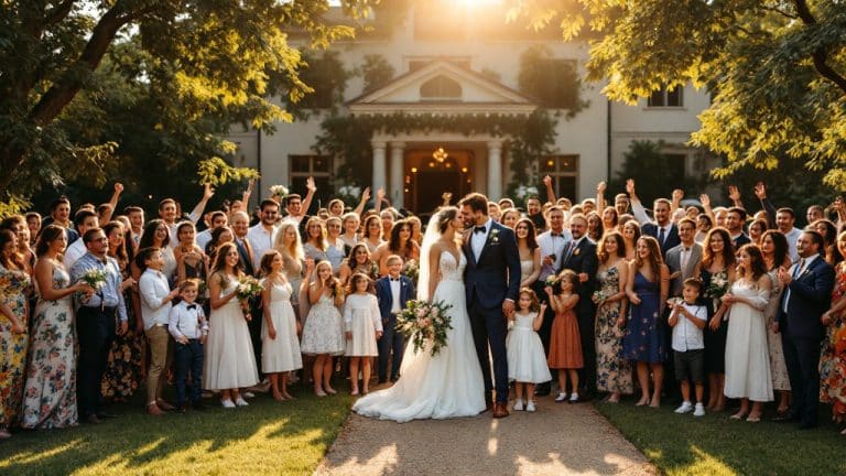 Photo de groupe de mariage réunissant tous les invités devant le lieu de réception